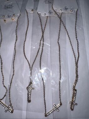 Gold Cross Pendant Necklace with Earrings- Gold Tone